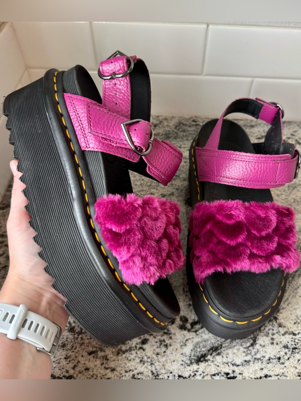 Dr. Martens Voss Quad Fluffy Platform Sandals in the Fuchsia. L 7. EUC